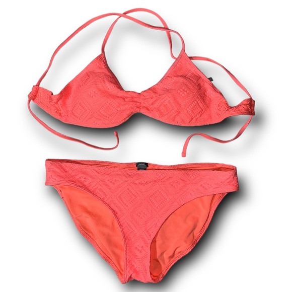 AERIE Coral Peach Pink Eyelet Scoop 2 Piece Bikini Swimsuit Set Top & Bottom M L - Picture 5 of 8